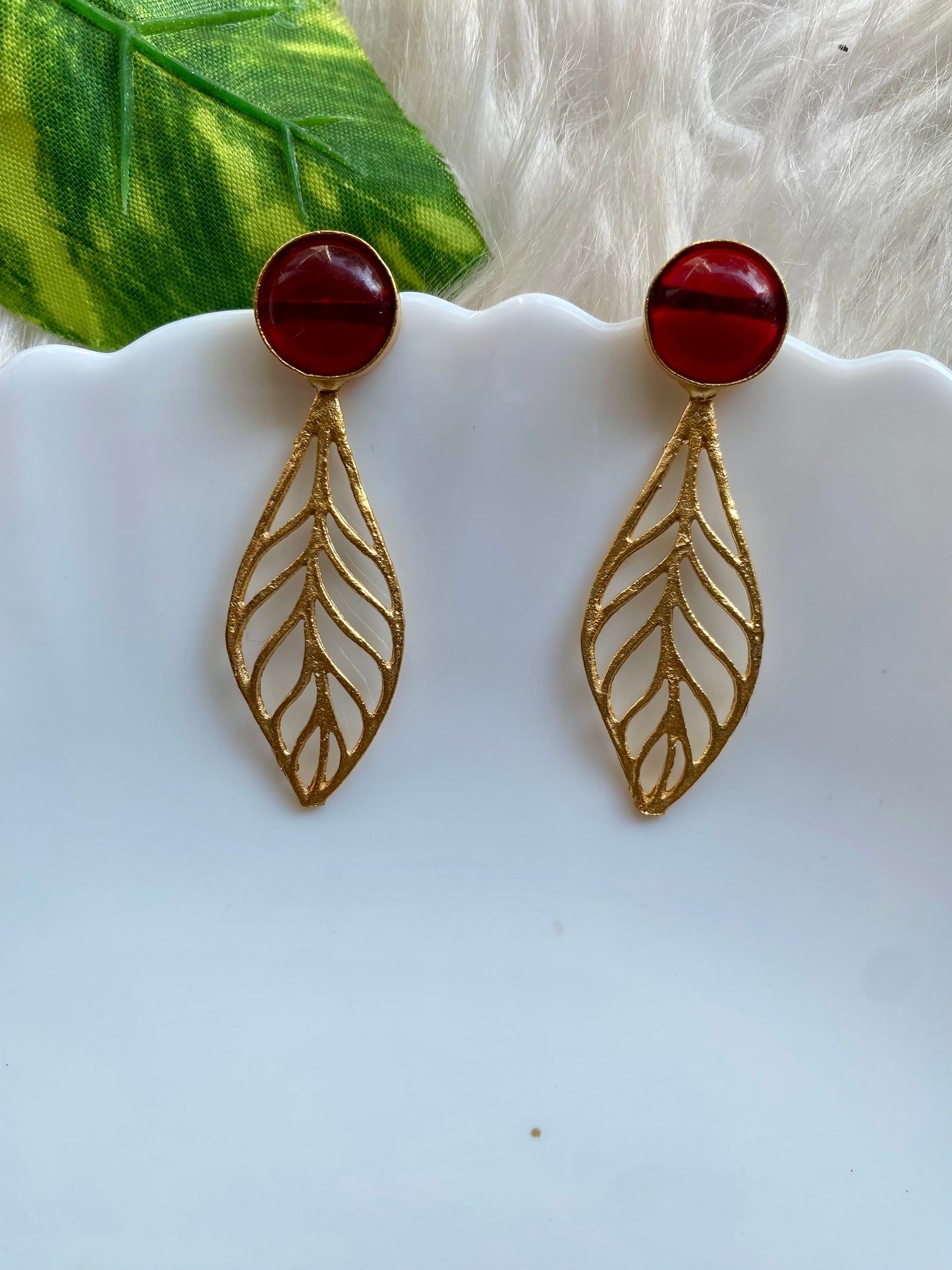 Leaf affair Red Brass Earrings