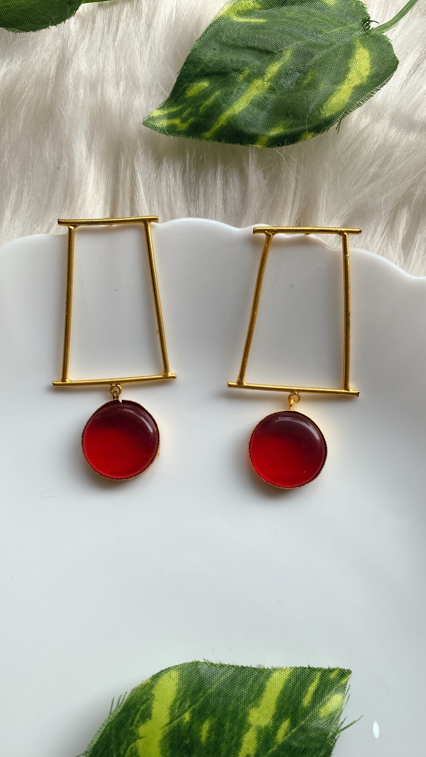 Angular Chic Brass Earrings - Red