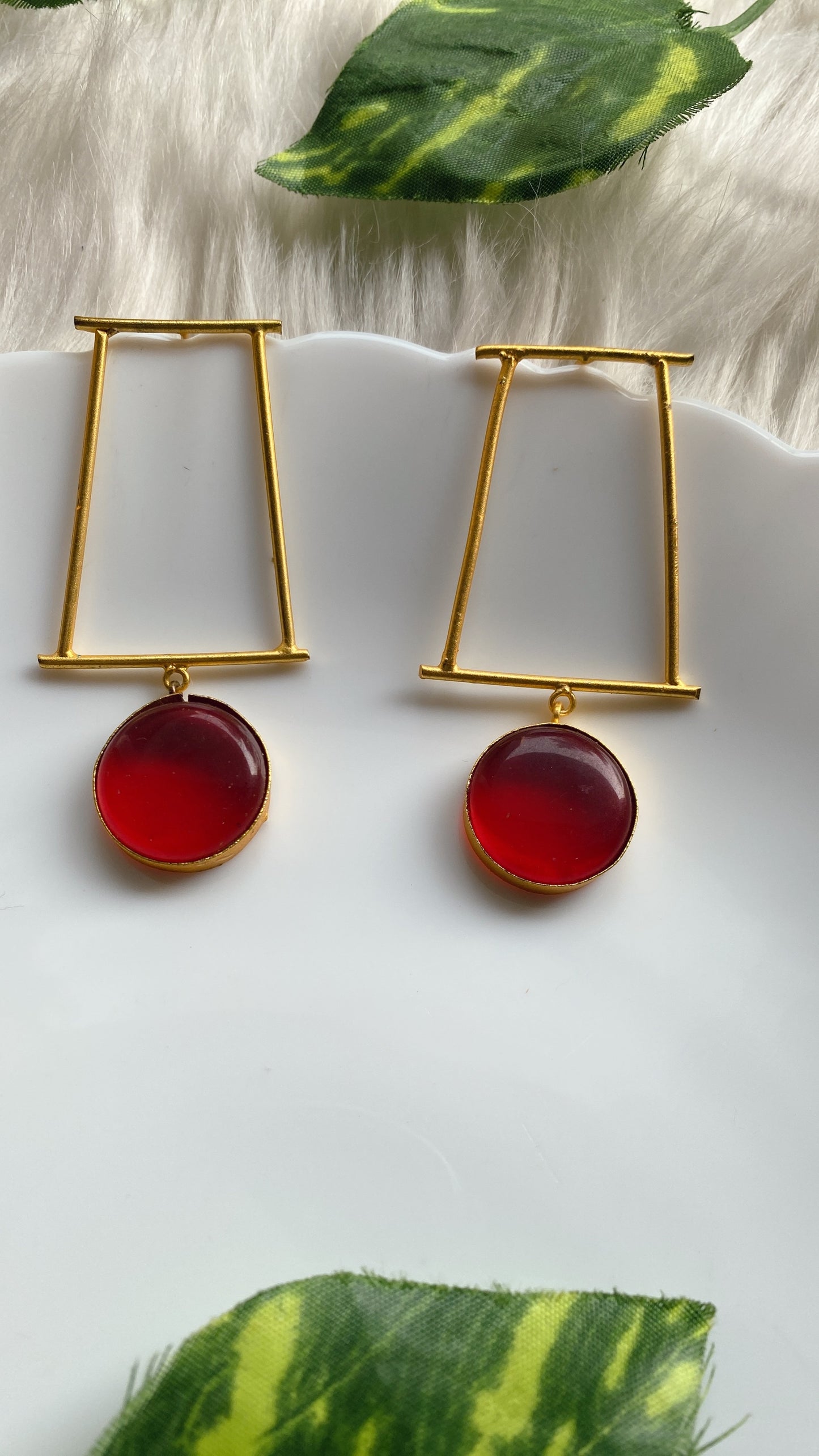 Angular Chic Brass Earrings - Red