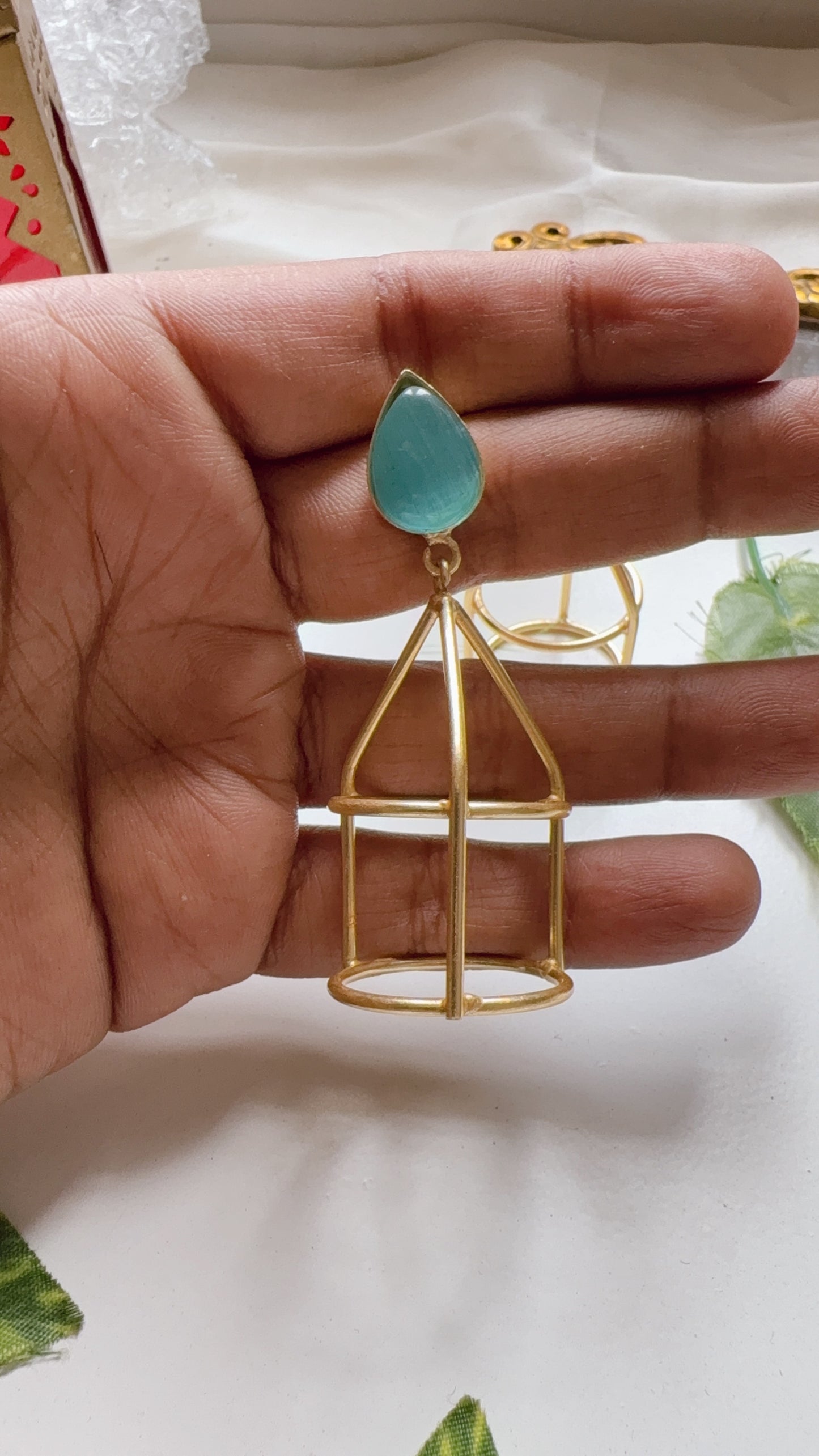 Golden Cage Earrings - Sky Blue