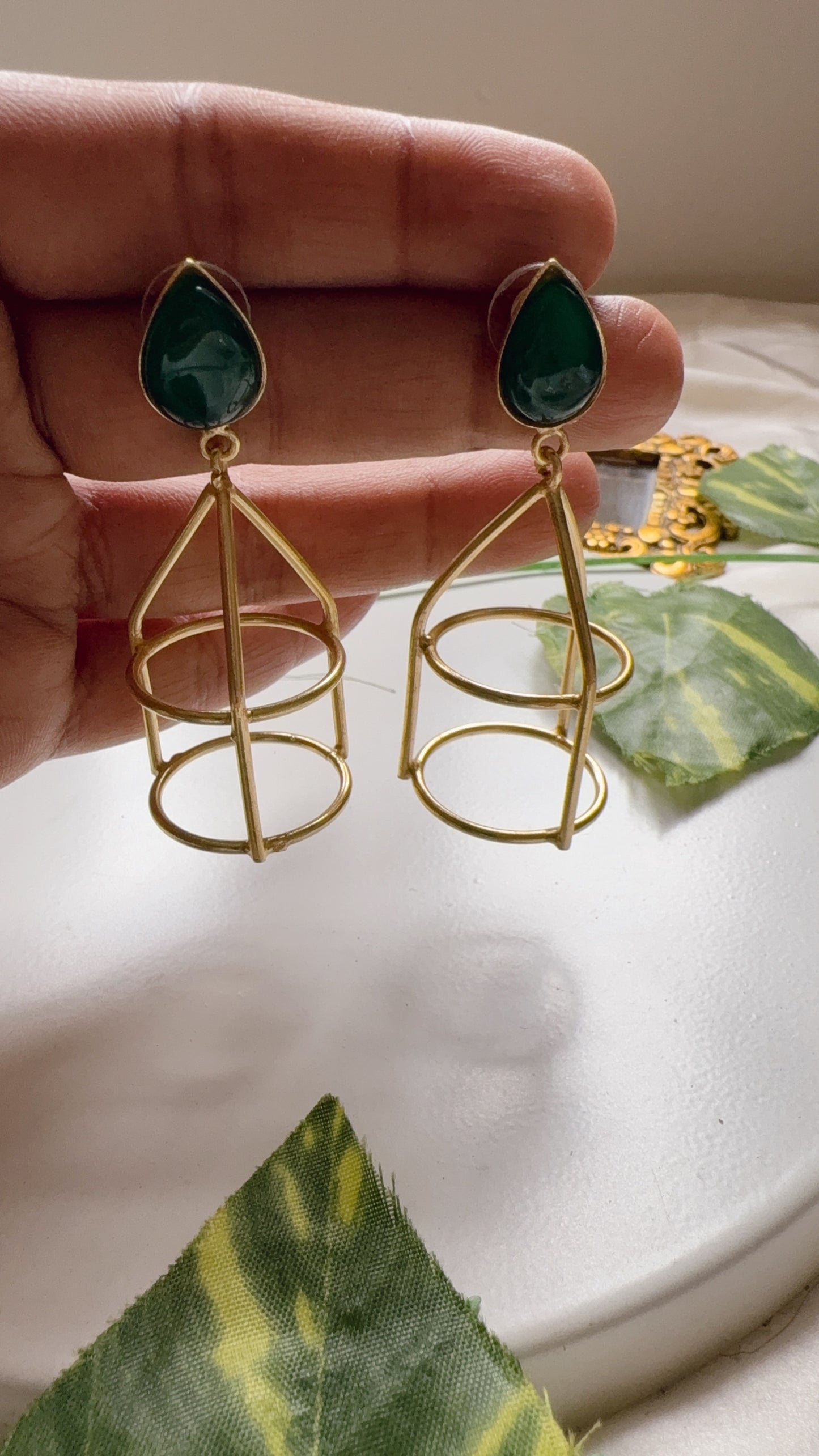 Golden Cage Earrings - Green