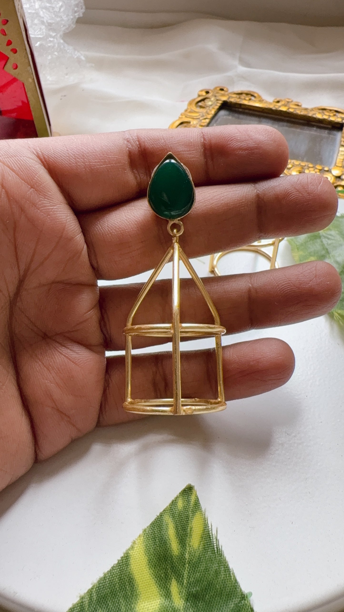Golden Cage Earrings - Green