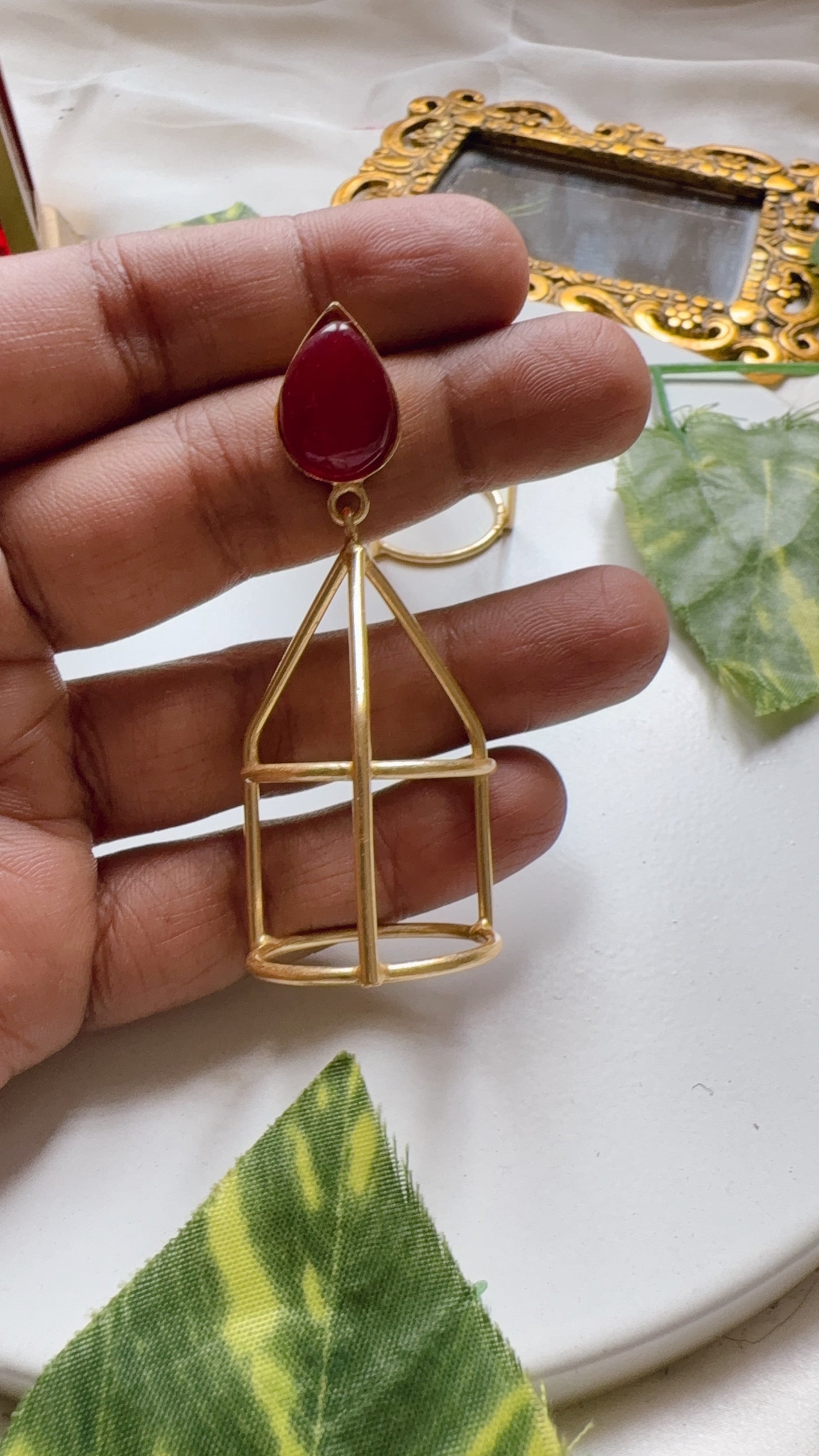 Golden Cage Earrings - Red