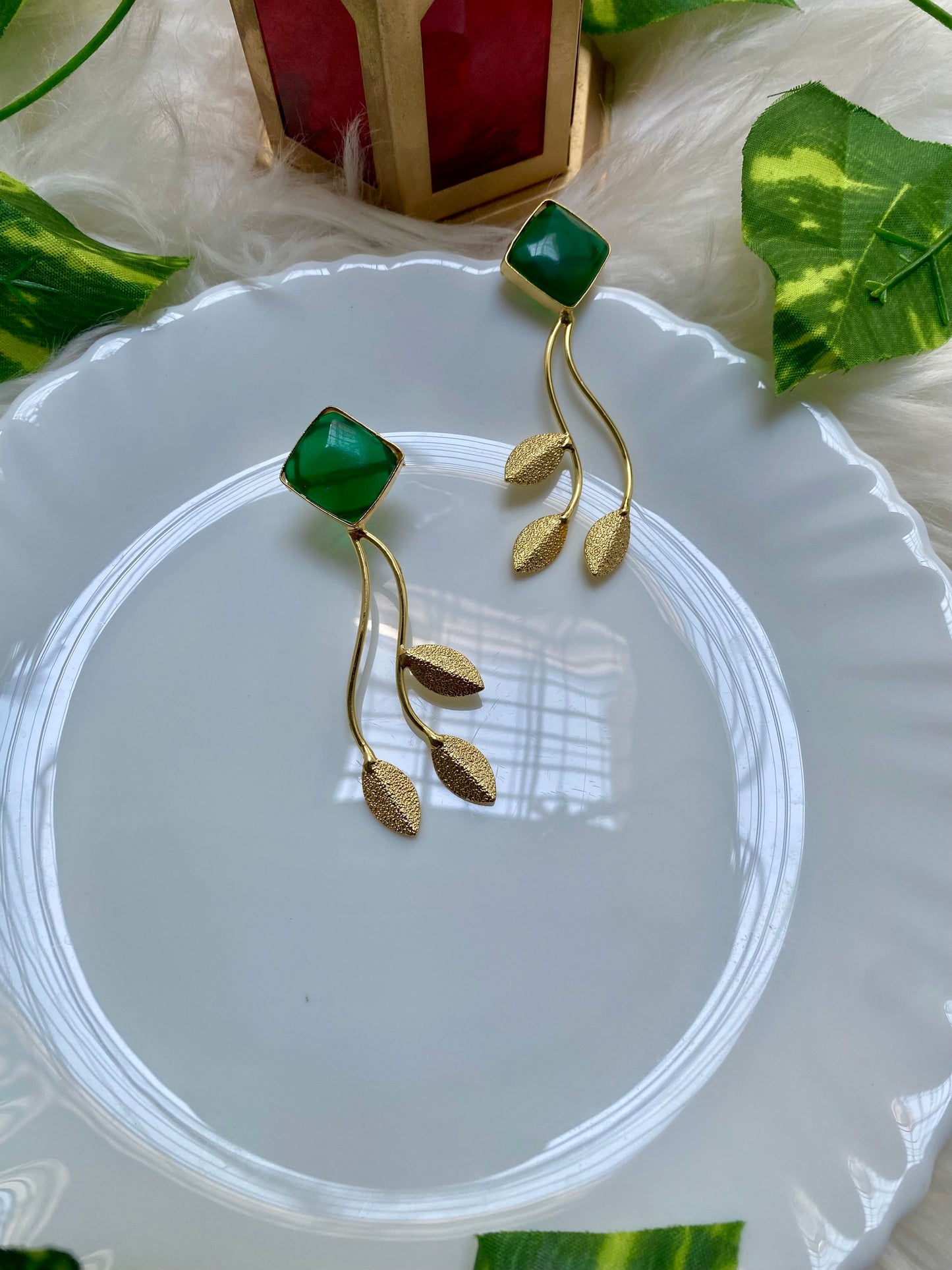 Green Leaf Breeze Brass Earrings