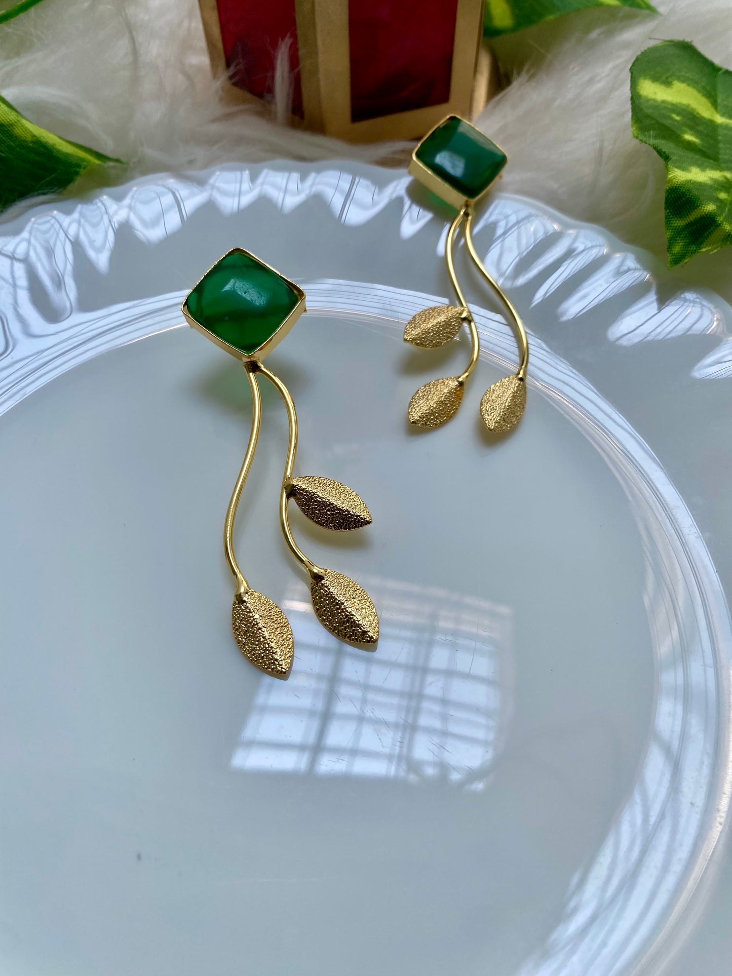 Green Leaf Breeze Brass Earrings