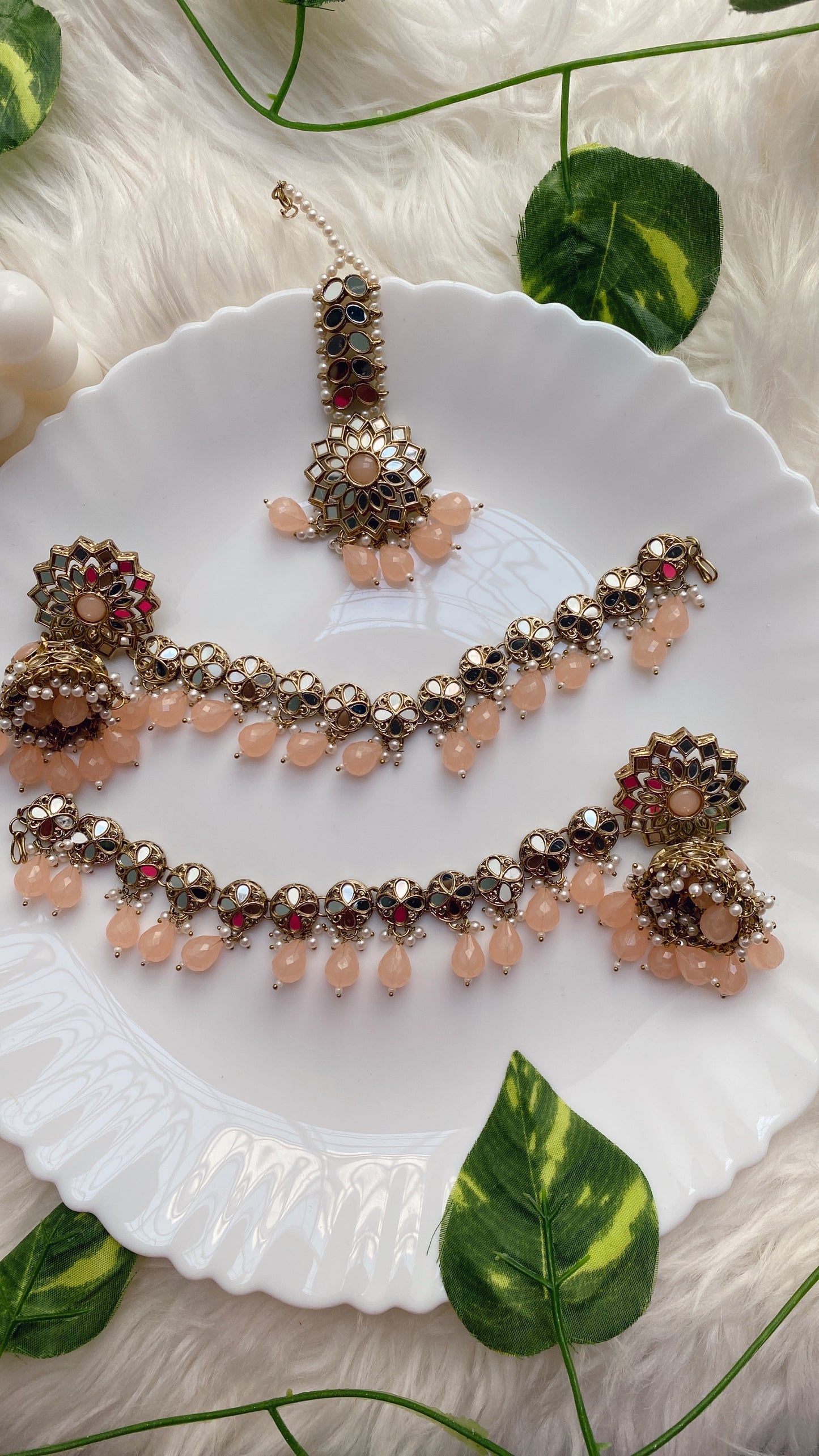 Peenaz Peach Bahuballi Earrings and Mangtikka Set