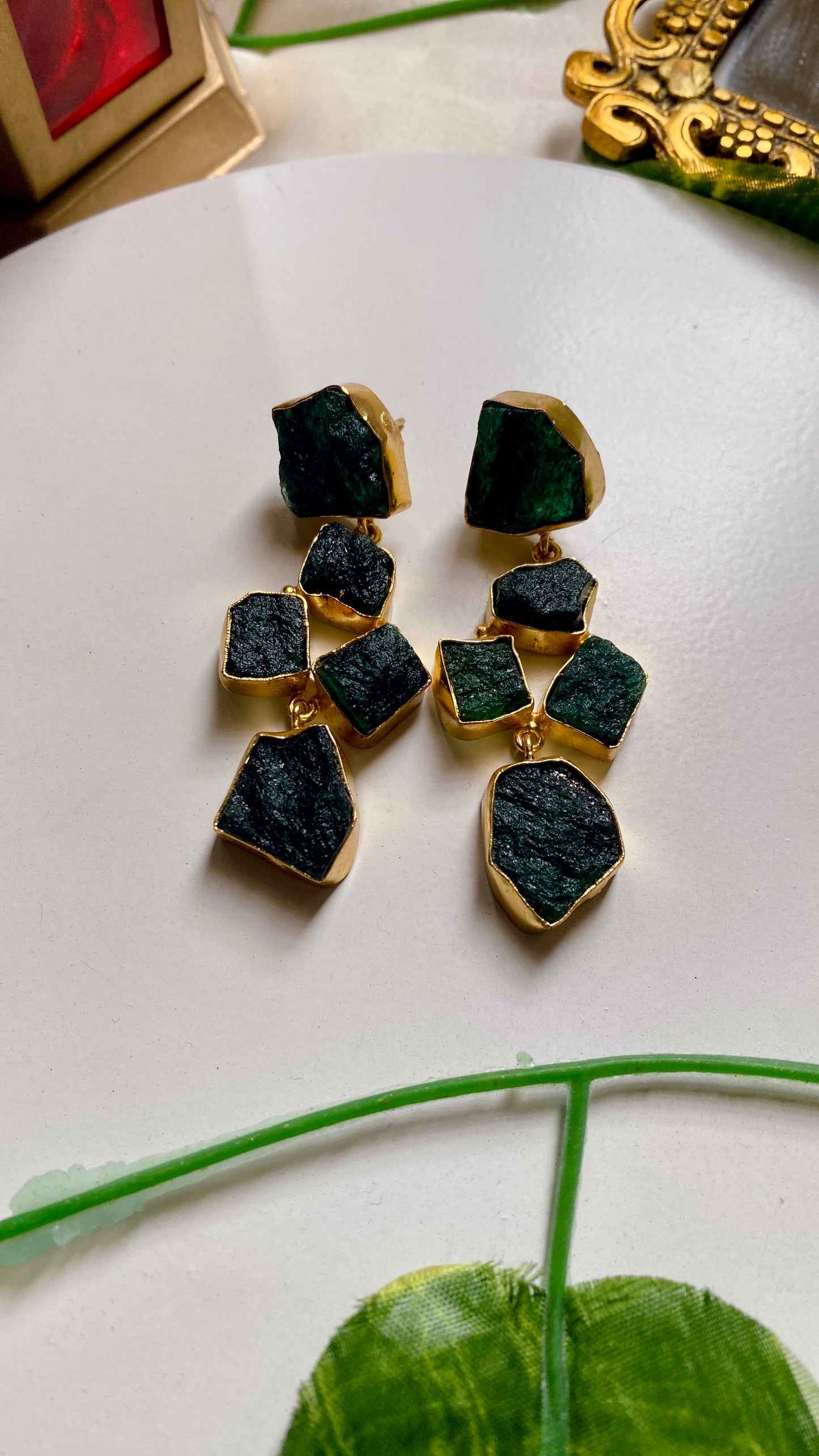 Arya Raw Uncut Stone Earrings - Green
