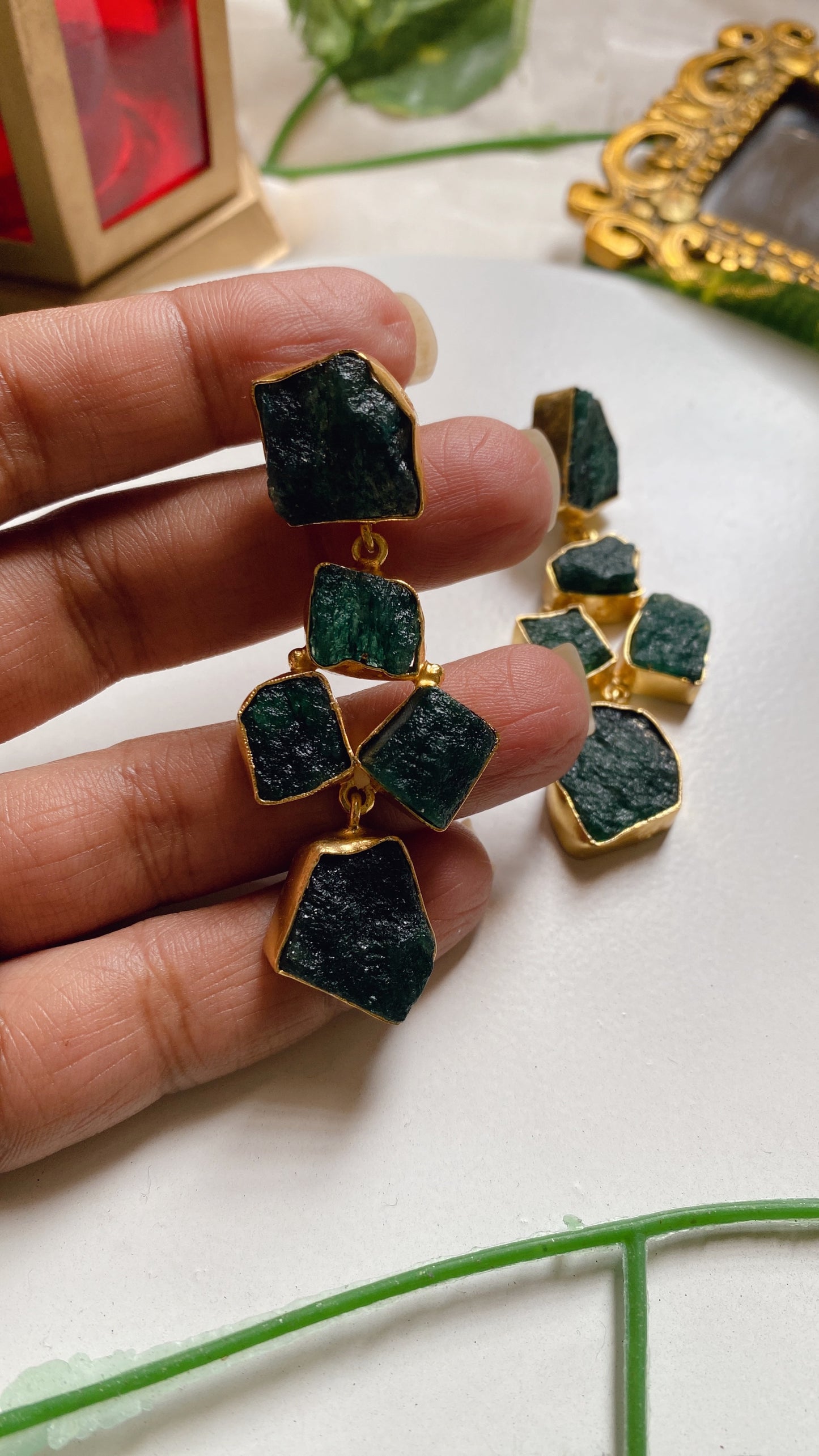Arya Raw Uncut Stone Earrings - Green