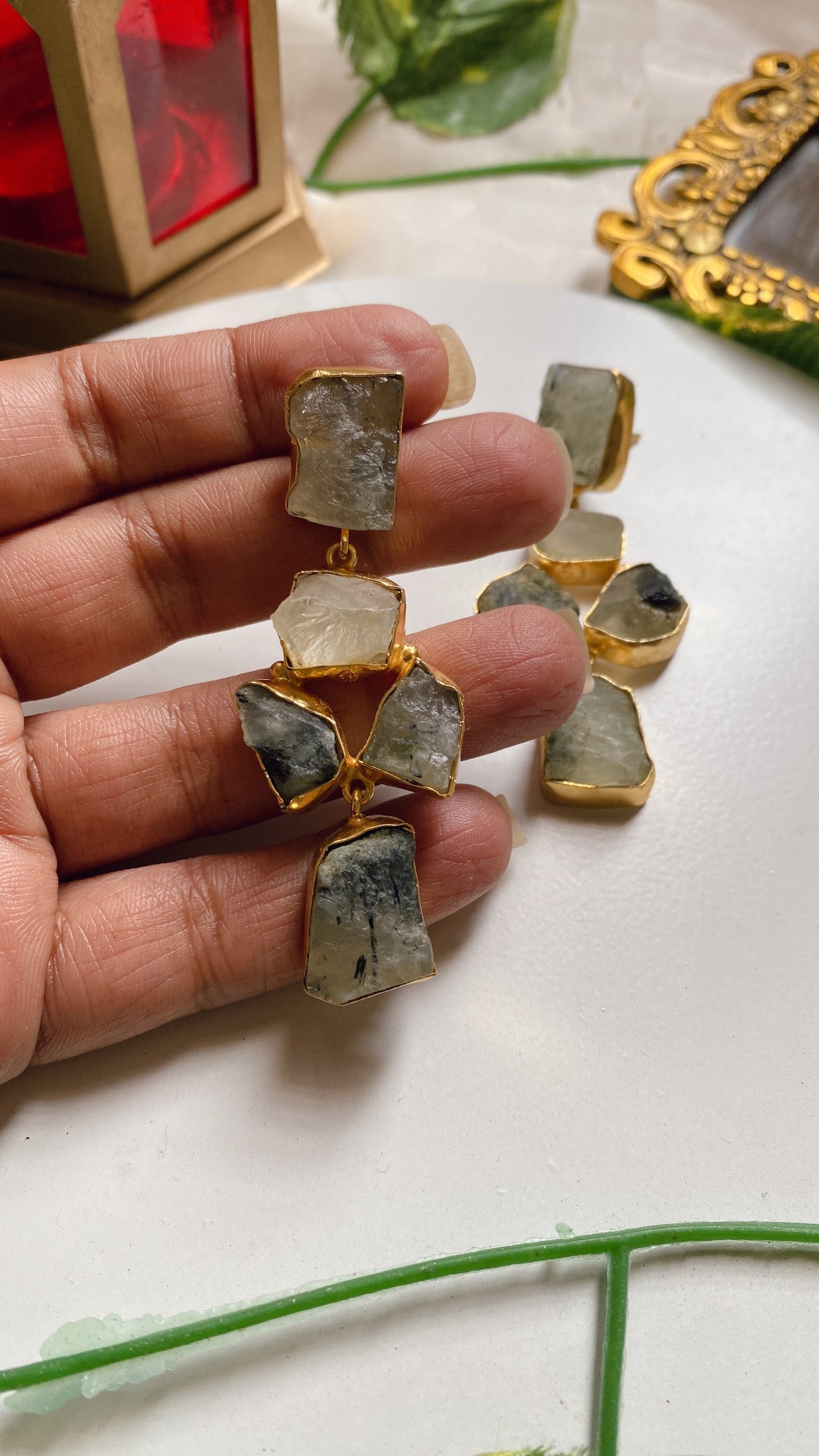 Arya Raw Uncut Stone Earrings - Olive Green