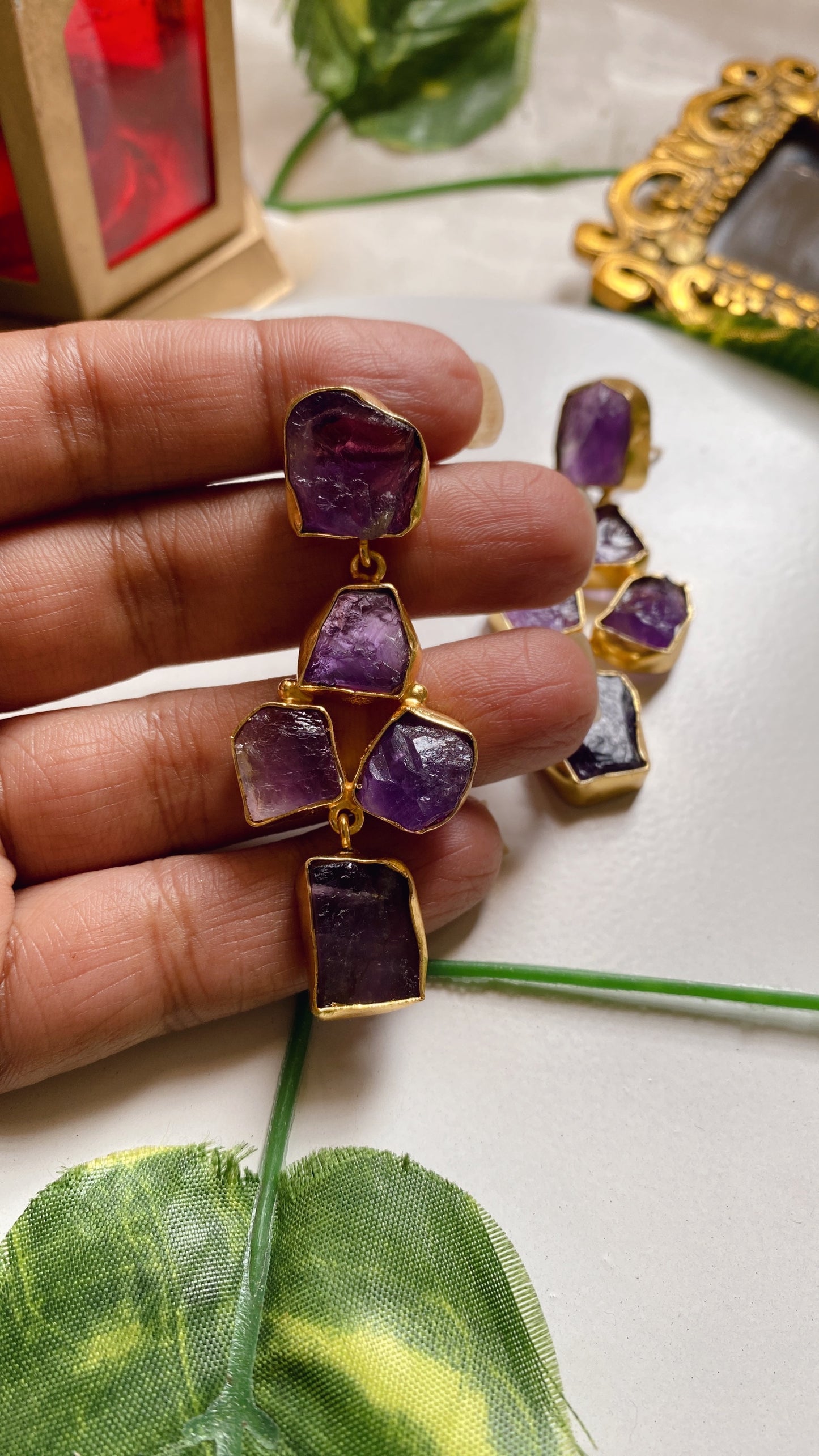Arya Raw Uncut Stone Earrings - Purple
