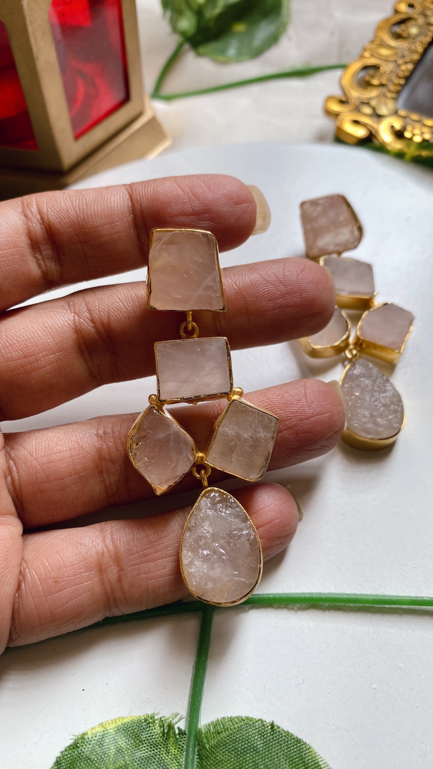 Arya Raw Uncut Stone Earrings - Pink
